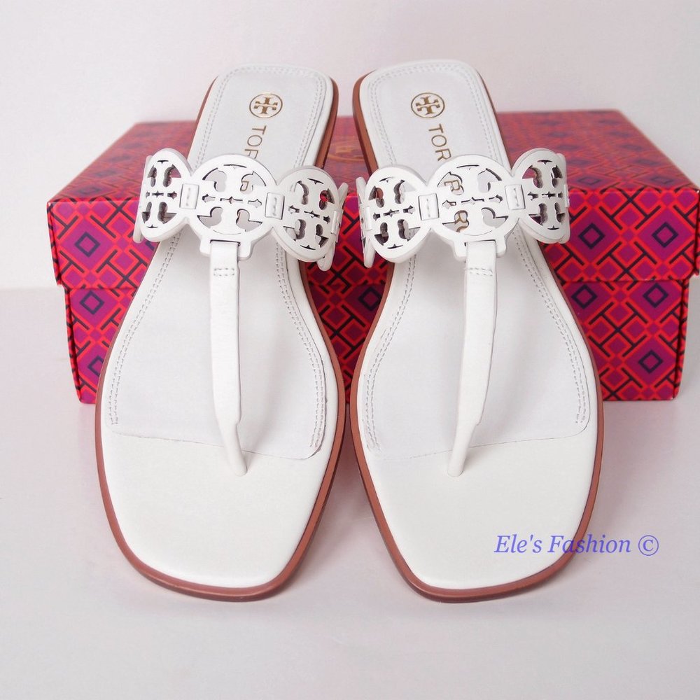NIB Tory Burch Tiny Miller Logo Leather Thong Sandal Ivory US 7 8 8.5 9 9.5 10 - Picture 4 of 16